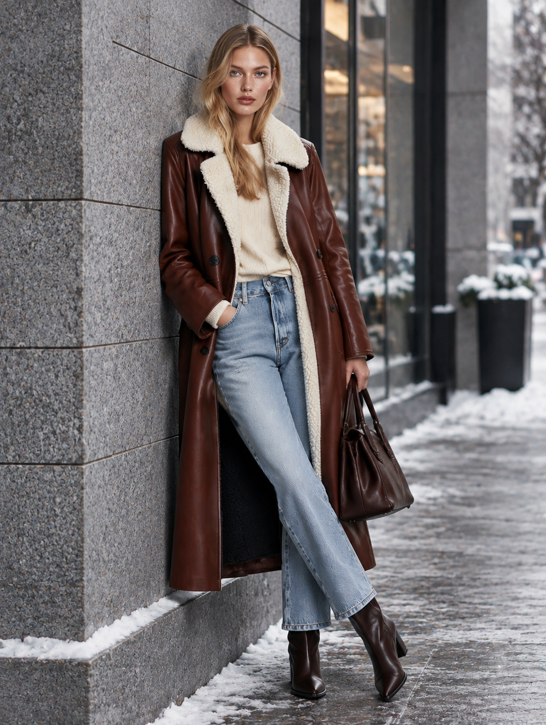 Vintage-style Fleece-collared Brown-red PU Coat