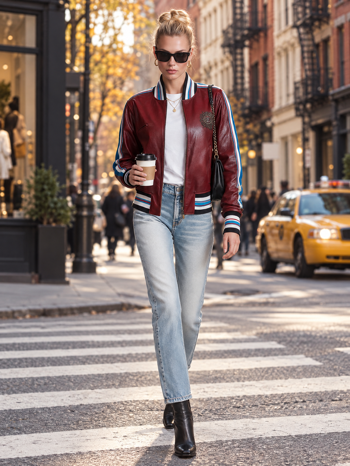 Retro Sporty Burgundy Faux Leather Crest Patch Striped Trim Varsity Bomber Jacket