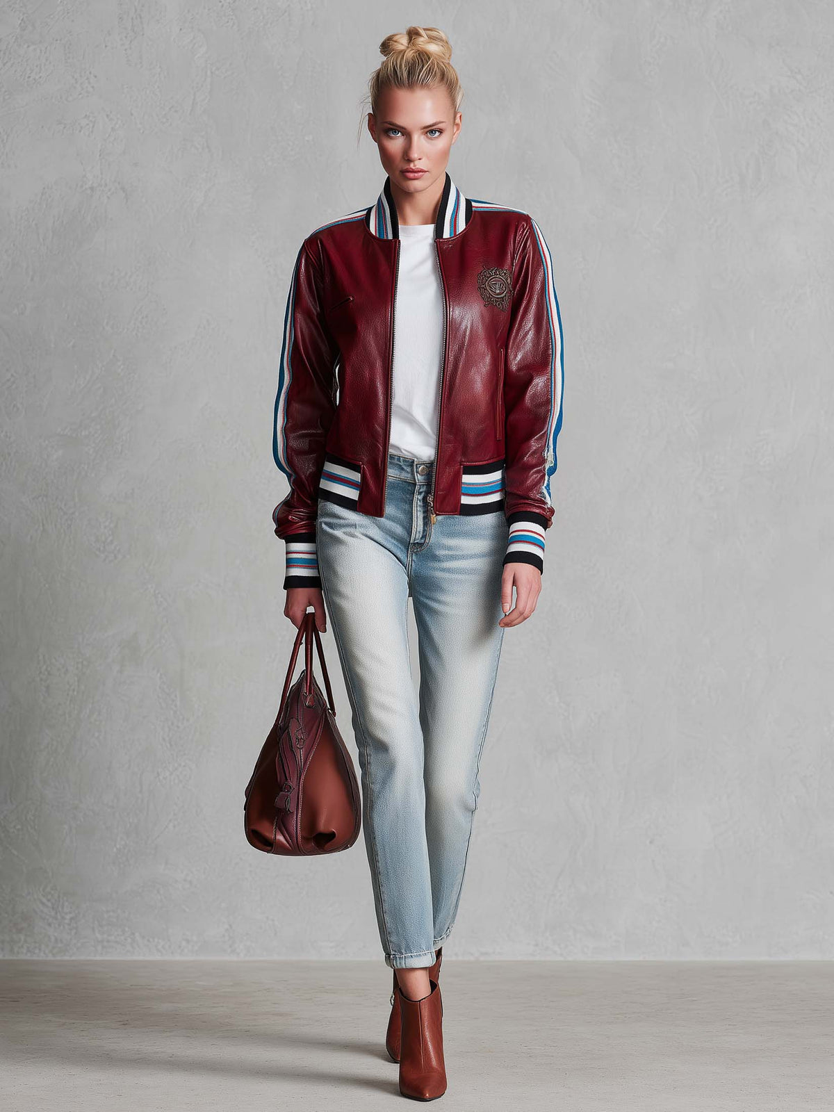 Retro Sporty Burgundy Faux Leather Crest Patch Striped Trim Varsity Bomber Jacket