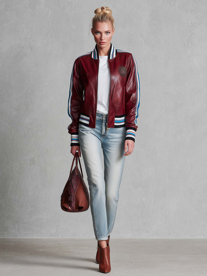 Retro Sporty Burgundy Faux Leather Crest Patch Striped Trim Varsity Bomber Jacket