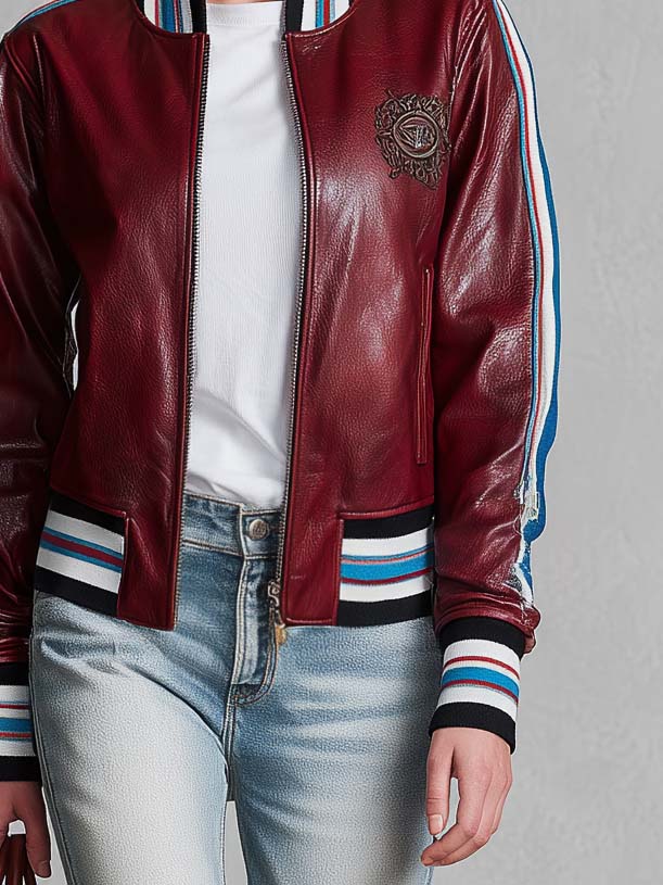 Retro Sporty Burgundy Faux Leather Crest Patch Striped Trim Varsity Bomber Jacket