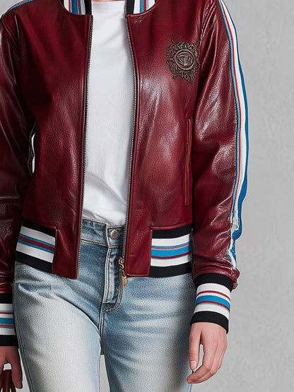 Retro Sporty Burgundy Faux Leather Crest Patch Striped Trim Varsity Bomber Jacket