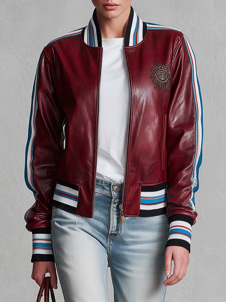 Retro Sporty Burgundy Faux Leather Crest Patch Striped Trim Varsity Bomber Jacket