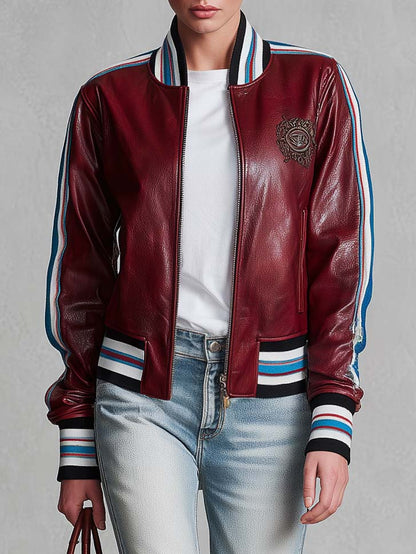 Retro Sporty Burgundy Faux Leather Crest Patch Striped Trim Varsity Bomber Jacket