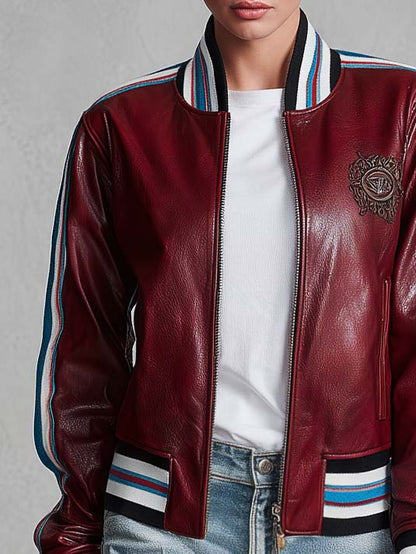 Retro Sporty Burgundy Faux Leather Crest Patch Striped Trim Varsity Bomber Jacket