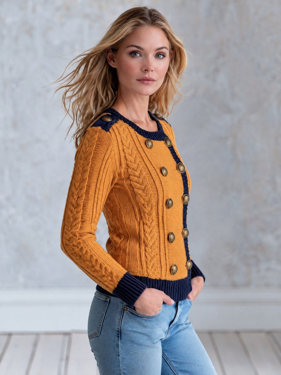 Retro Military Style Navy Blue Mustard Yellow Cable Knit Cardigan