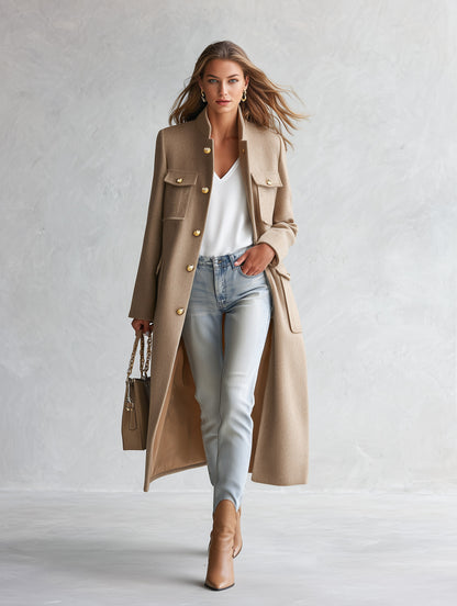 Stylish Cool Multi-pocket Oatmeal-colored Stand-collar Single-breasted Coat