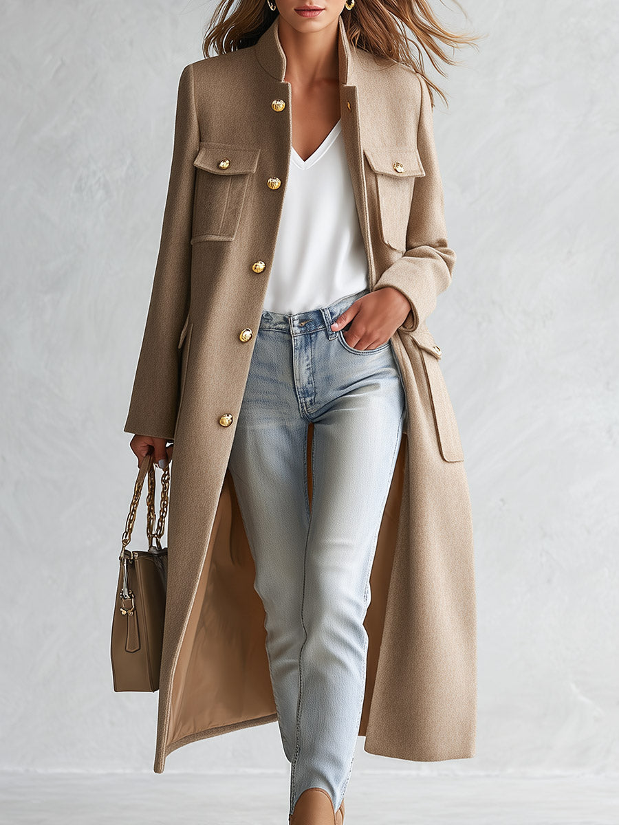 Stylish Cool Multi-pocket Oatmeal-colored Stand-collar Single-breasted Coat