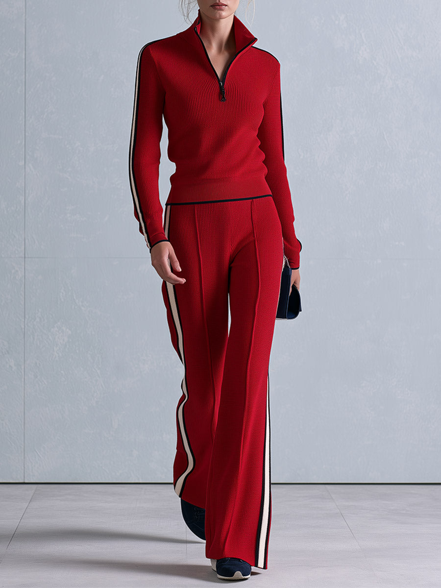 Casual Retro Striped-Trim Red Knitted Half-Zip Top and Wide-Leg Pants Set