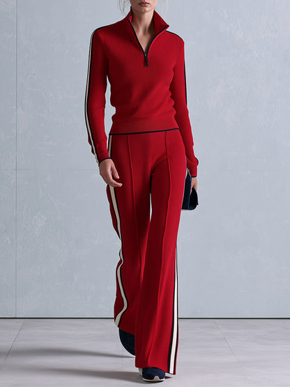 Casual Retro Striped-Trim Red Knitted Half-Zip Top and Wide-Leg Pants Set