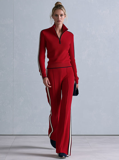 Casual Retro Striped-Trim Red Knitted Half-Zip Top and Wide-Leg Pants Set