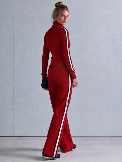 Casual Retro Striped-Trim Red Knitted Half-Zip Top and Wide-Leg Pants Set