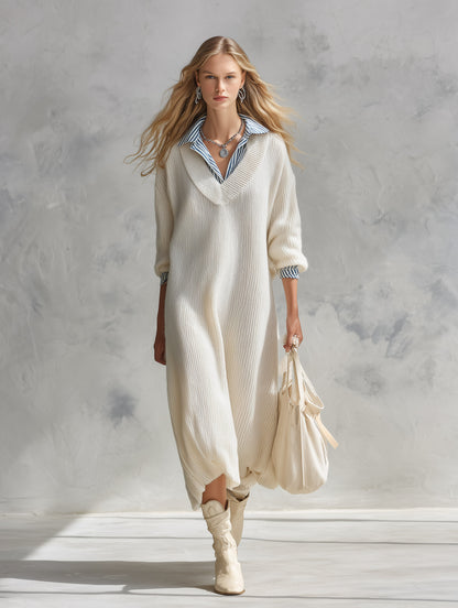 Stylish Striped Trim Cream-White Knitted Faux-Layered Midi Dress