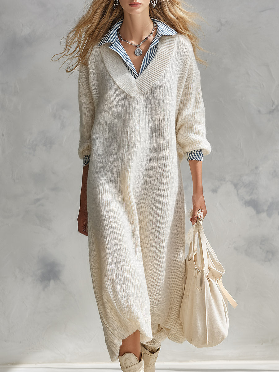 Stylish Striped Trim Cream-White Knitted Faux-Layered Midi Dress