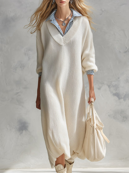 Stylish Striped Trim Cream-White Knitted Faux-Layered Midi Dress