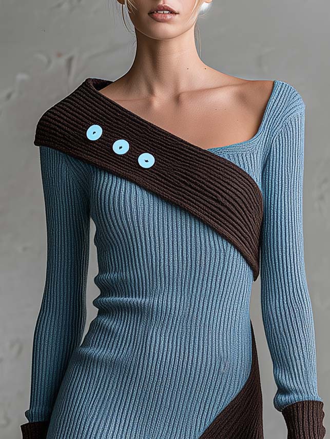 Retro Chic Blue Color-Block Asymmetric Ribbed Knit Long-Sleeve Bodycon Mini Sweater Dress