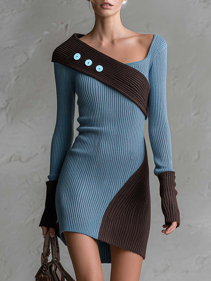 Retro Chic Blue Color-Block Asymmetric Ribbed Knit Long-Sleeve Bodycon Mini Sweater Dress