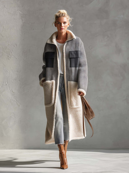 Casual Vintage Grey Herringbone Fleece Patchwork Pocket Zip-Up Long Sherpa Coat