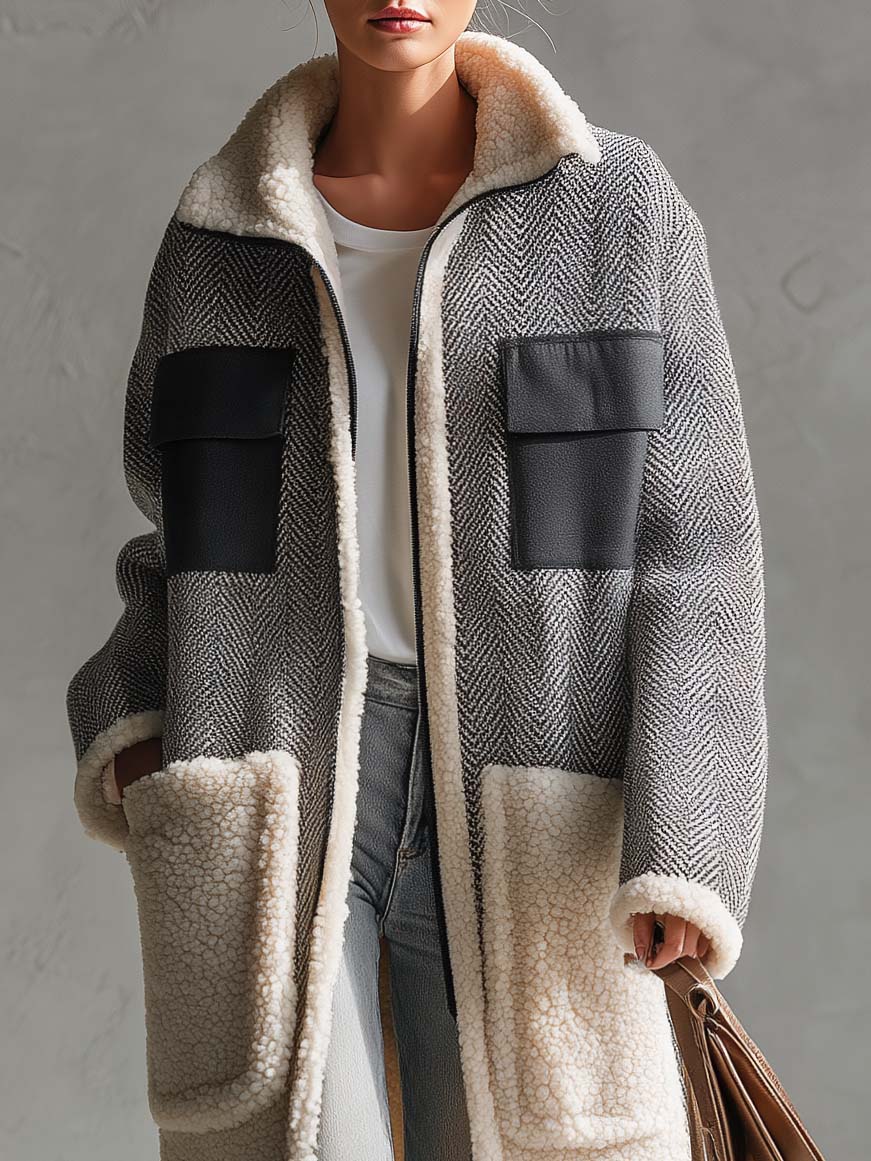 Casual Vintage Grey Herringbone Fleece Patchwork Pocket Zip-Up Long Sherpa Coat