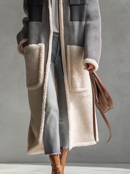 Casual Vintage Grey Herringbone Fleece Patchwork Pocket Zip-Up Long Sherpa Coat