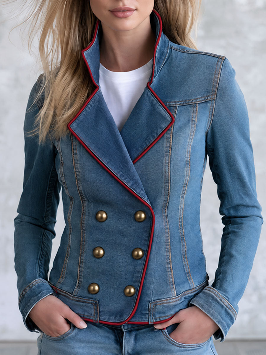 Retro Red And Blue Denim Double-breasted Jacket