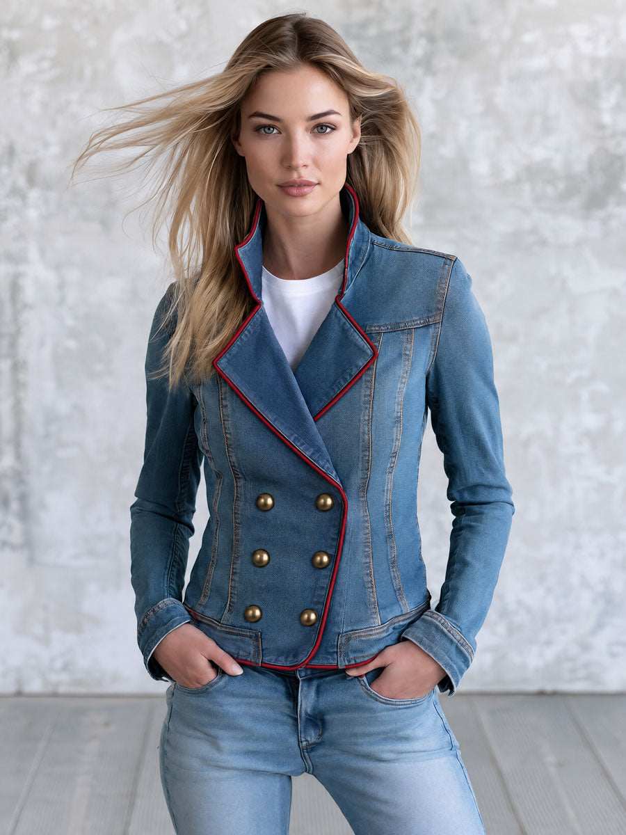 Retro Red And Blue Denim Double-breasted Jacket