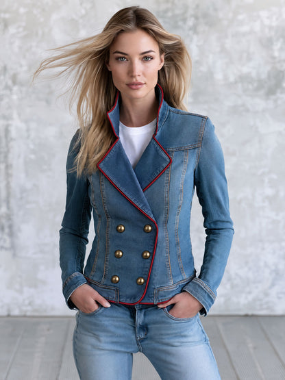 Retro Red And Blue Denim Double-breasted Jacket
