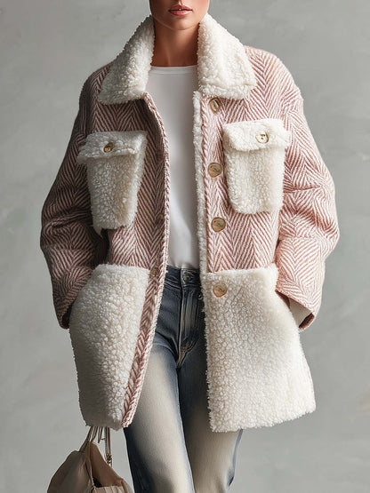 Retro Chic Pink Herringbone Wool Blend Sherpa Collar Gold Button Oversized Coat