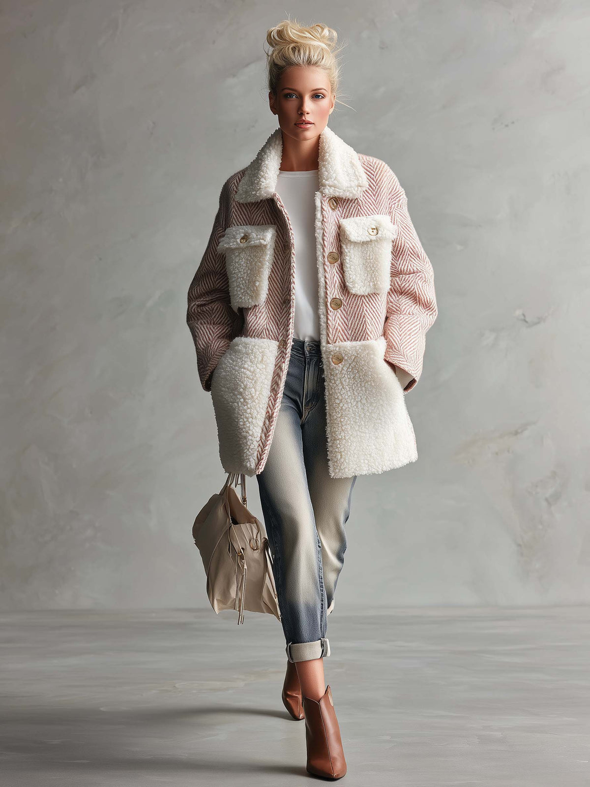 Retro Chic Pink Herringbone Wool Blend Sherpa Collar Gold Button Oversized Coat