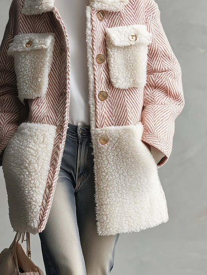 Retro Chic Pink Herringbone Wool Blend Sherpa Collar Gold Button Oversized Coat