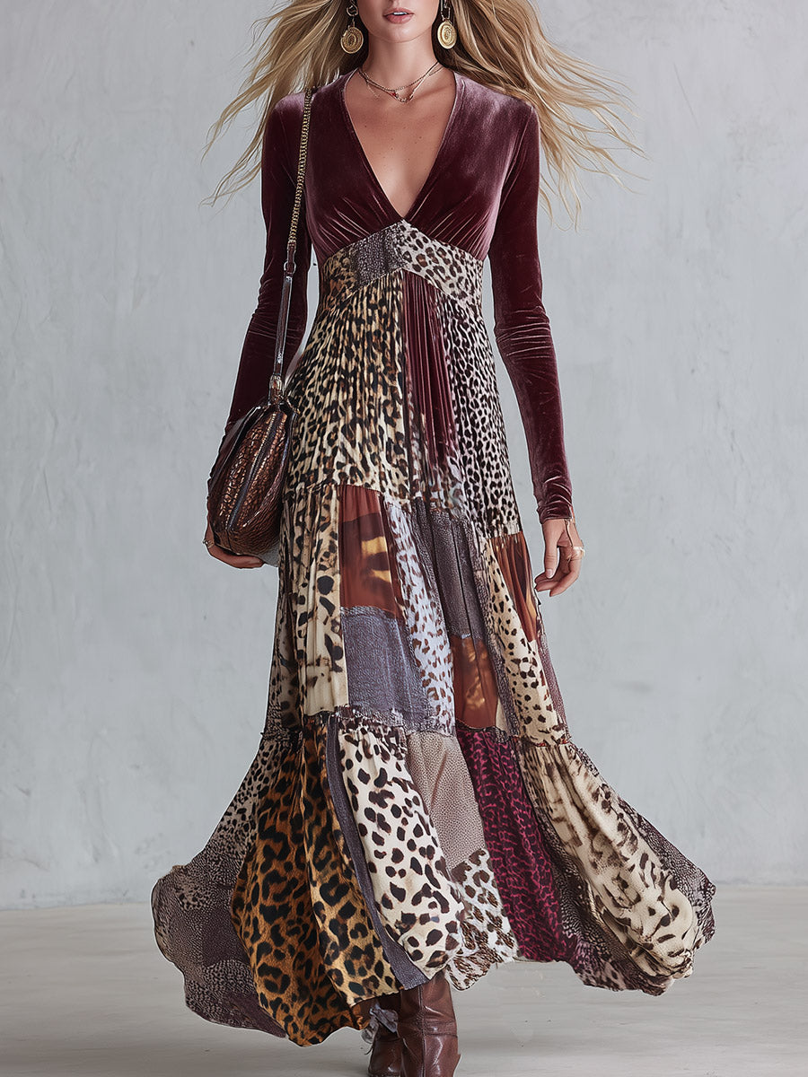 Vintage-Inspired Bohemian Animal-Print V-Neck Velvet Maxi Dress