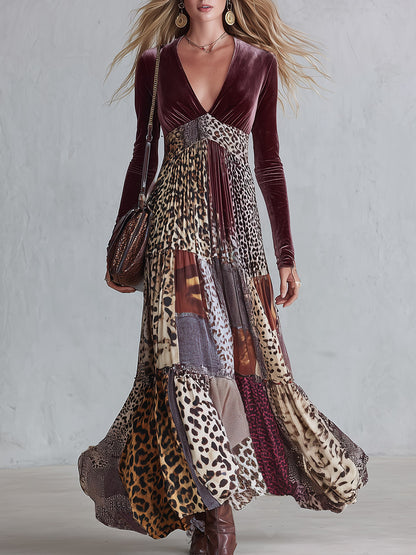 Vintage-Inspired Bohemian Animal-Print V-Neck Velvet Maxi Dress