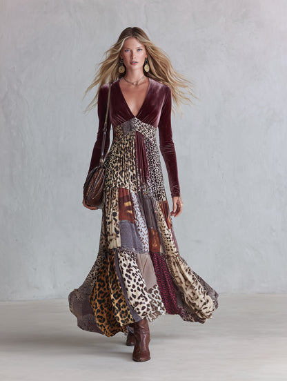 Vintage-Inspired Bohemian Animal-Print V-Neck Velvet Maxi Dress