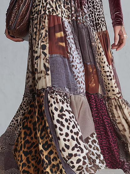 Vintage-Inspired Bohemian Animal-Print V-Neck Velvet Maxi Dress