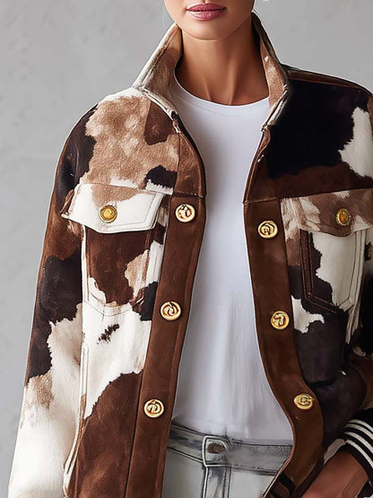 Western Cowgirl Cow Print Faux Suede Button Up Oversized Womens Trucker Jacket