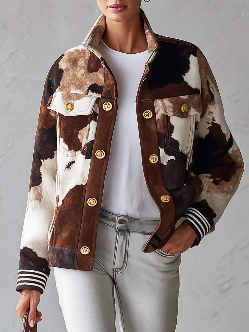 Western Cowgirl Cow Print Faux Suede Button Up Oversized Womens Trucker Jacket
