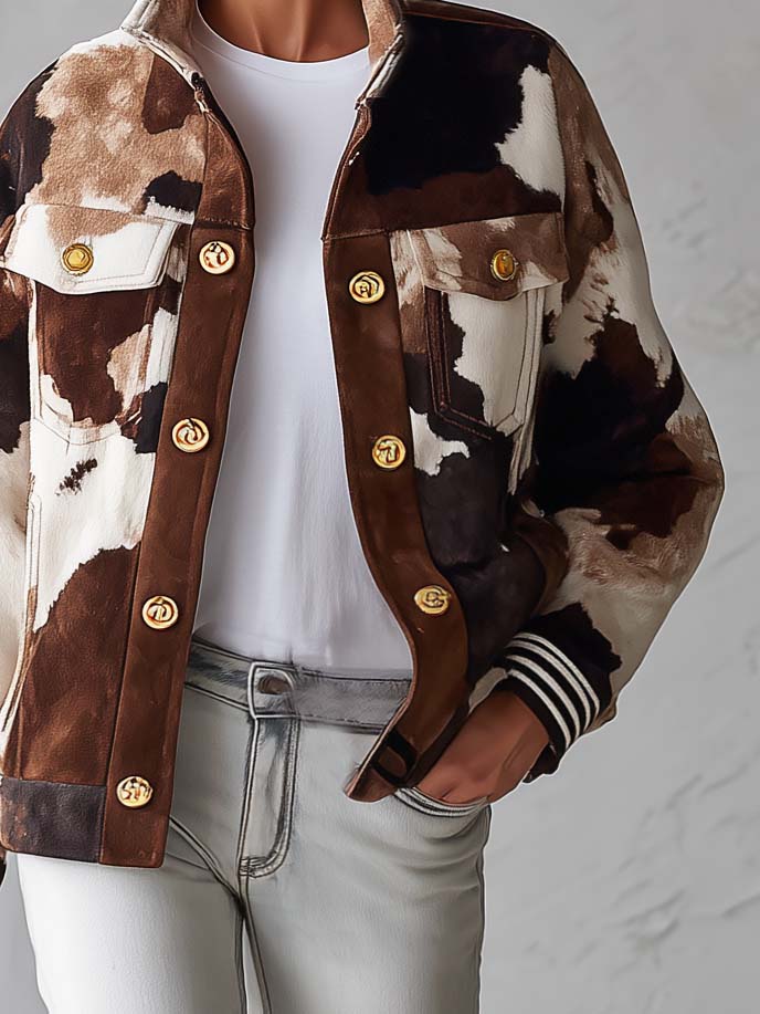 Western Cowgirl Cow Print Faux Suede Button Up Oversized Womens Trucker Jacket