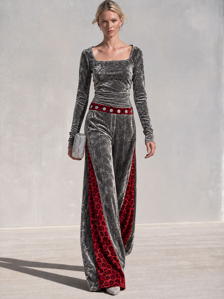Retro-chic Color-blocked Leopard Print Trim Grey Velvet Top And Pants Set