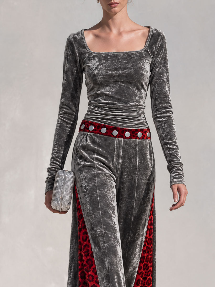 Retro-chic Color-blocked Leopard Print Trim Grey Velvet Top And Pants Set