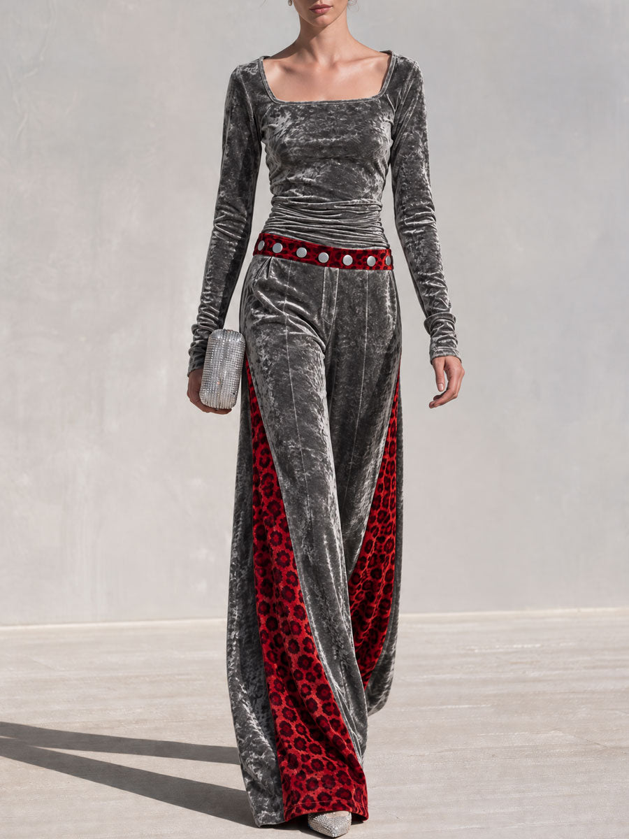 Retro-chic Color-blocked Leopard Print Trim Grey Velvet Top And Pants Set