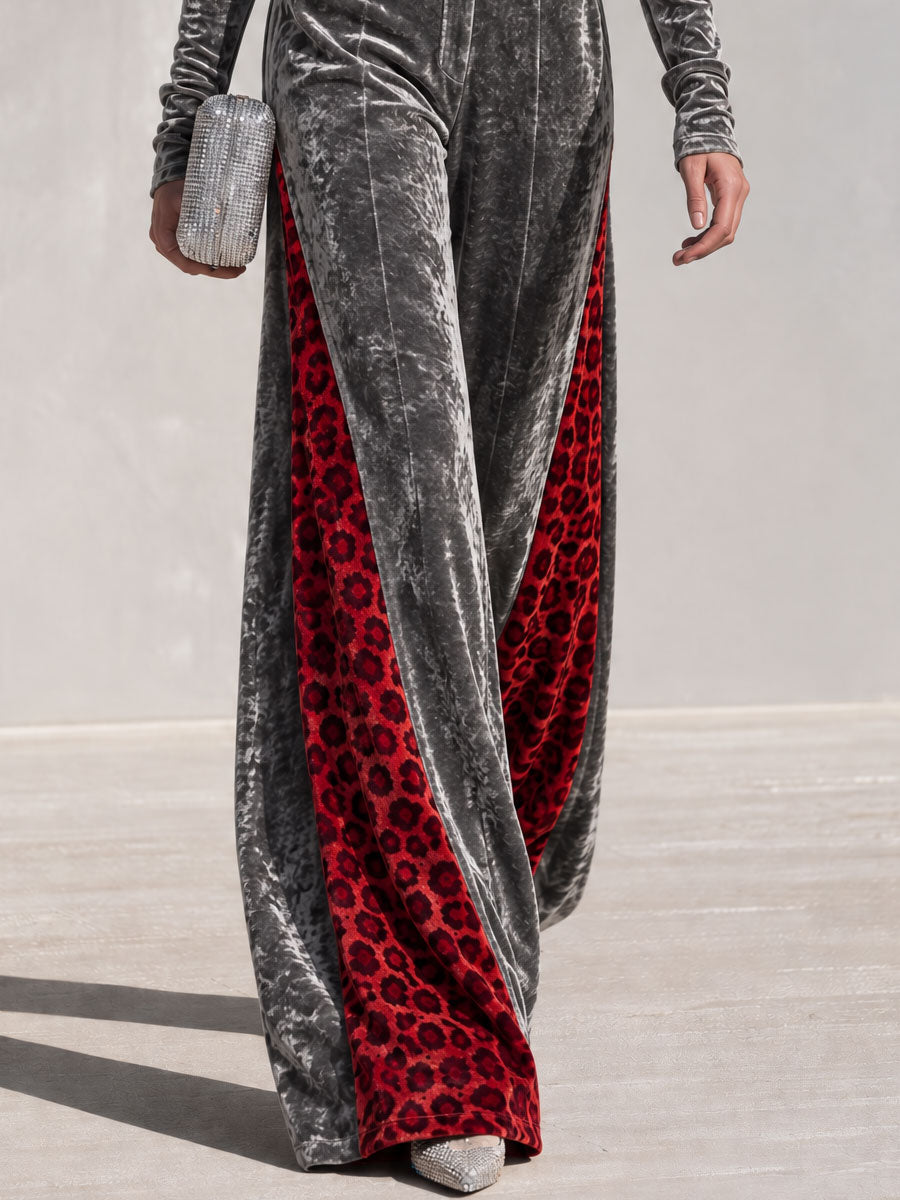 Retro-chic Color-blocked Leopard Print Trim Grey Velvet Top And Pants Set