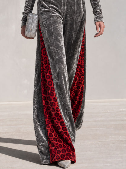 Retro-chic Color-blocked Leopard Print Trim Grey Velvet Top And Pants Set