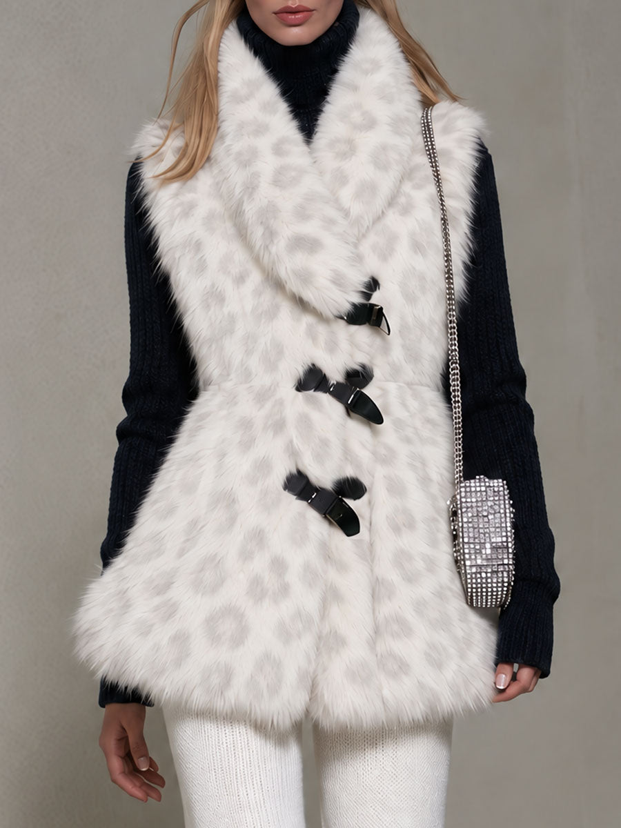 Fashionable Retro Leopard Print Off-white Faux Fur Vest