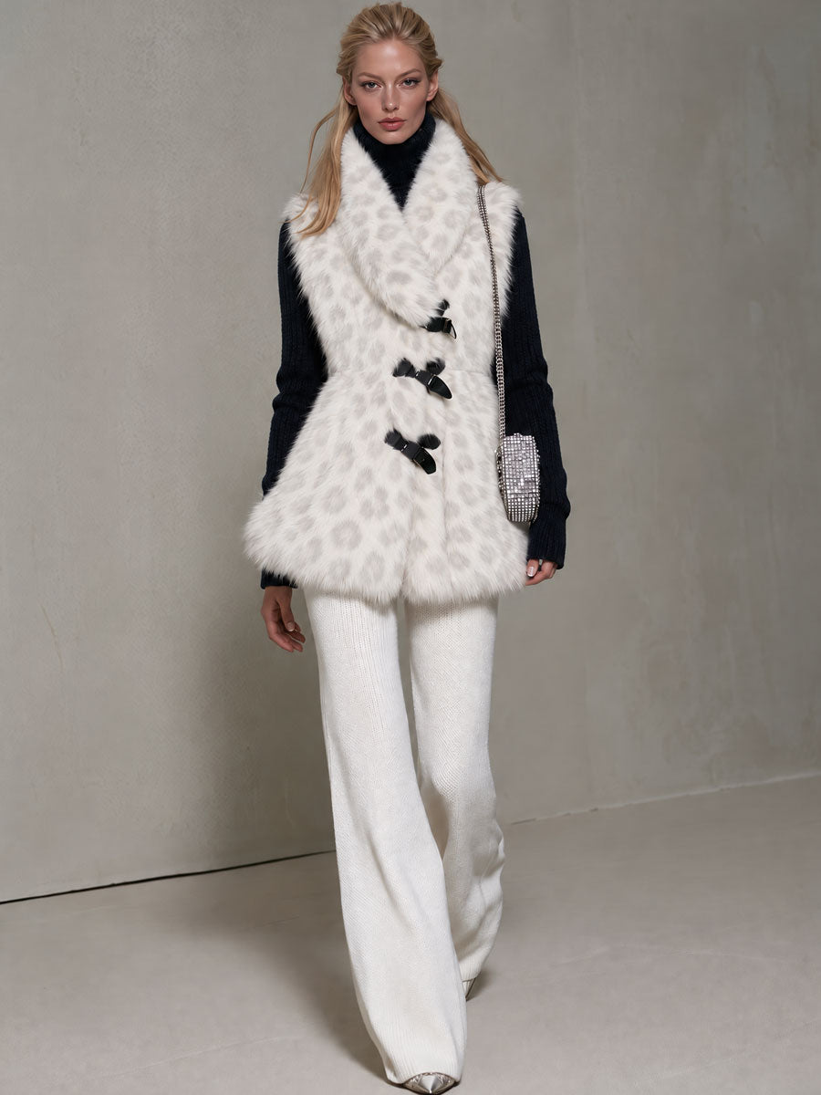 Fashionable Retro Leopard Print Off-white Faux Fur Vest