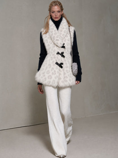 Fashionable Retro Leopard Print Off-white Faux Fur Vest