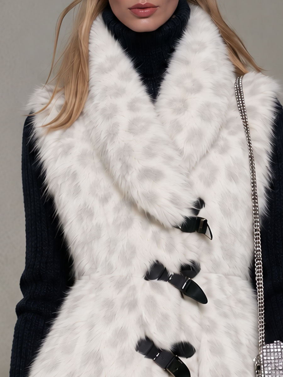 Fashionable Retro Leopard Print Off-white Faux Fur Vest