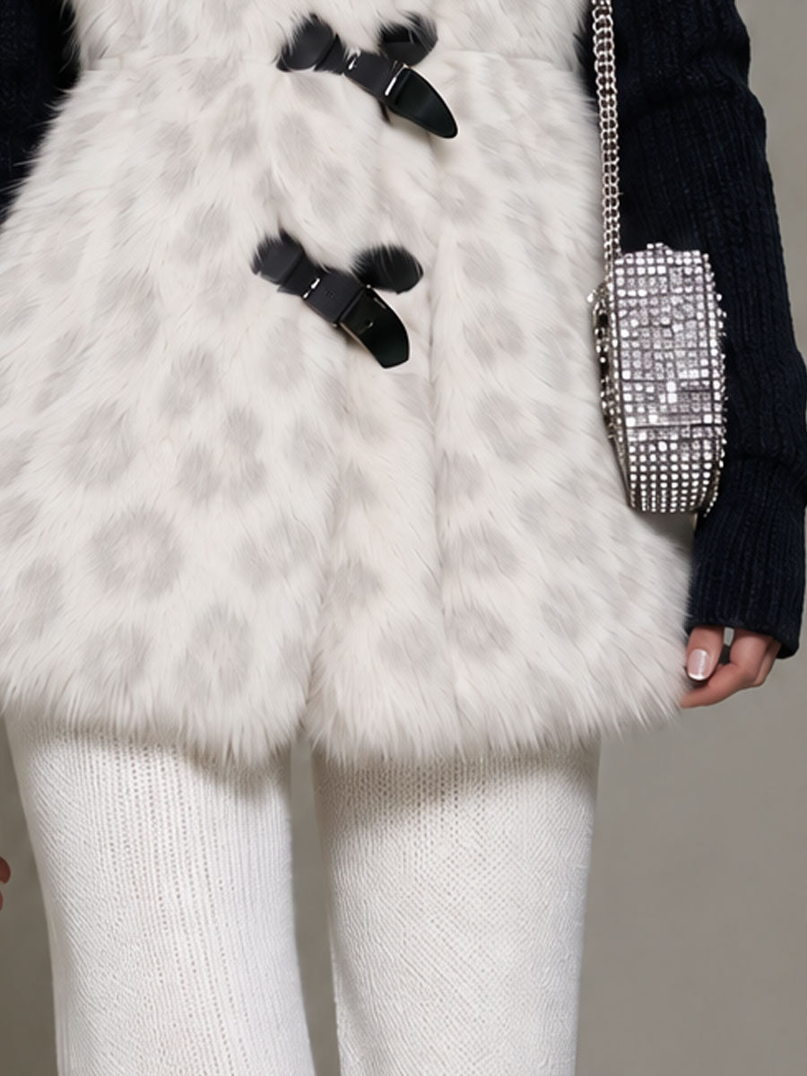 Fashionable Retro Leopard Print Off-white Faux Fur Vest