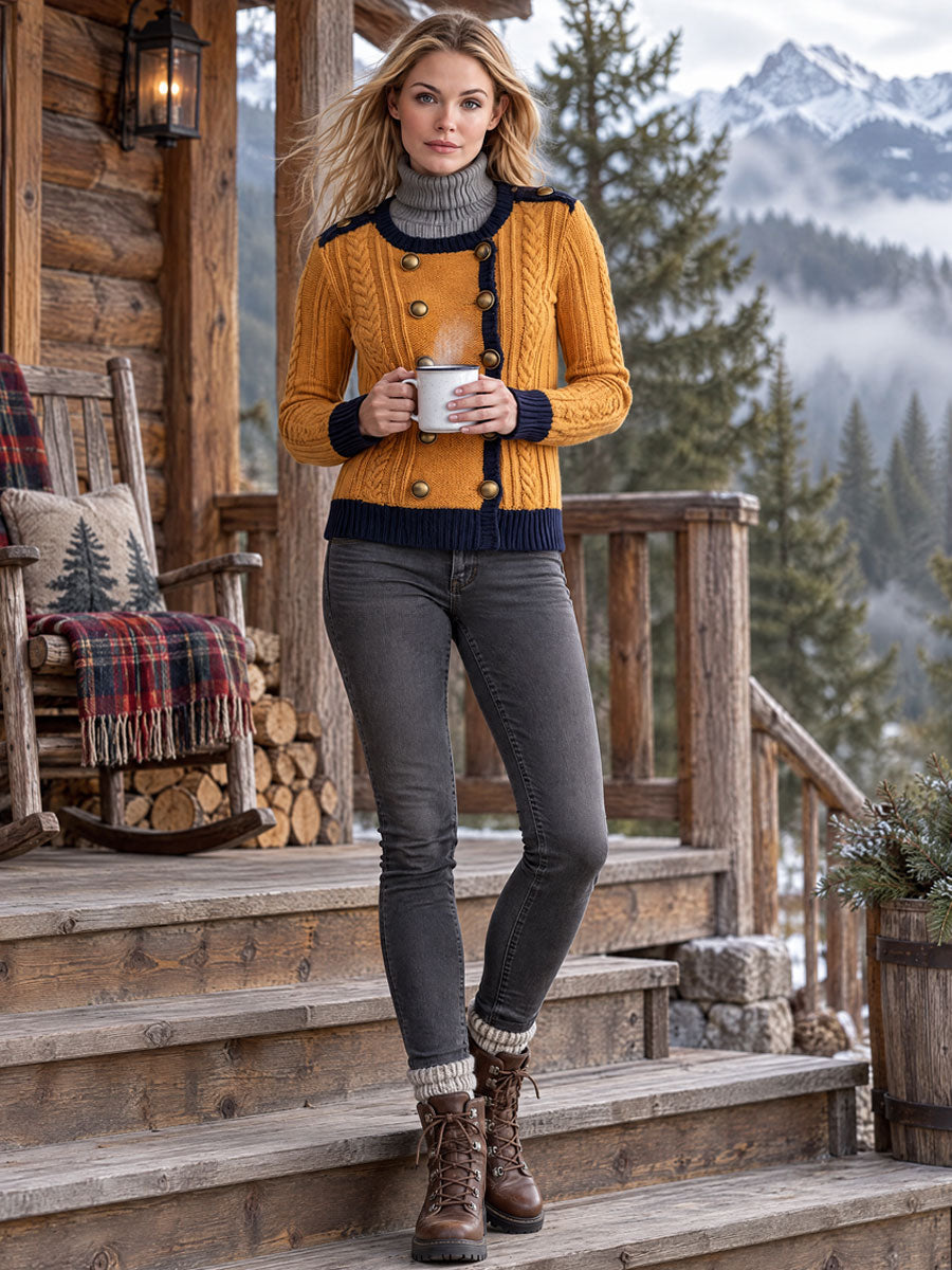 Retro Military Style Navy Blue Mustard Yellow Cable Knit Cardigan
