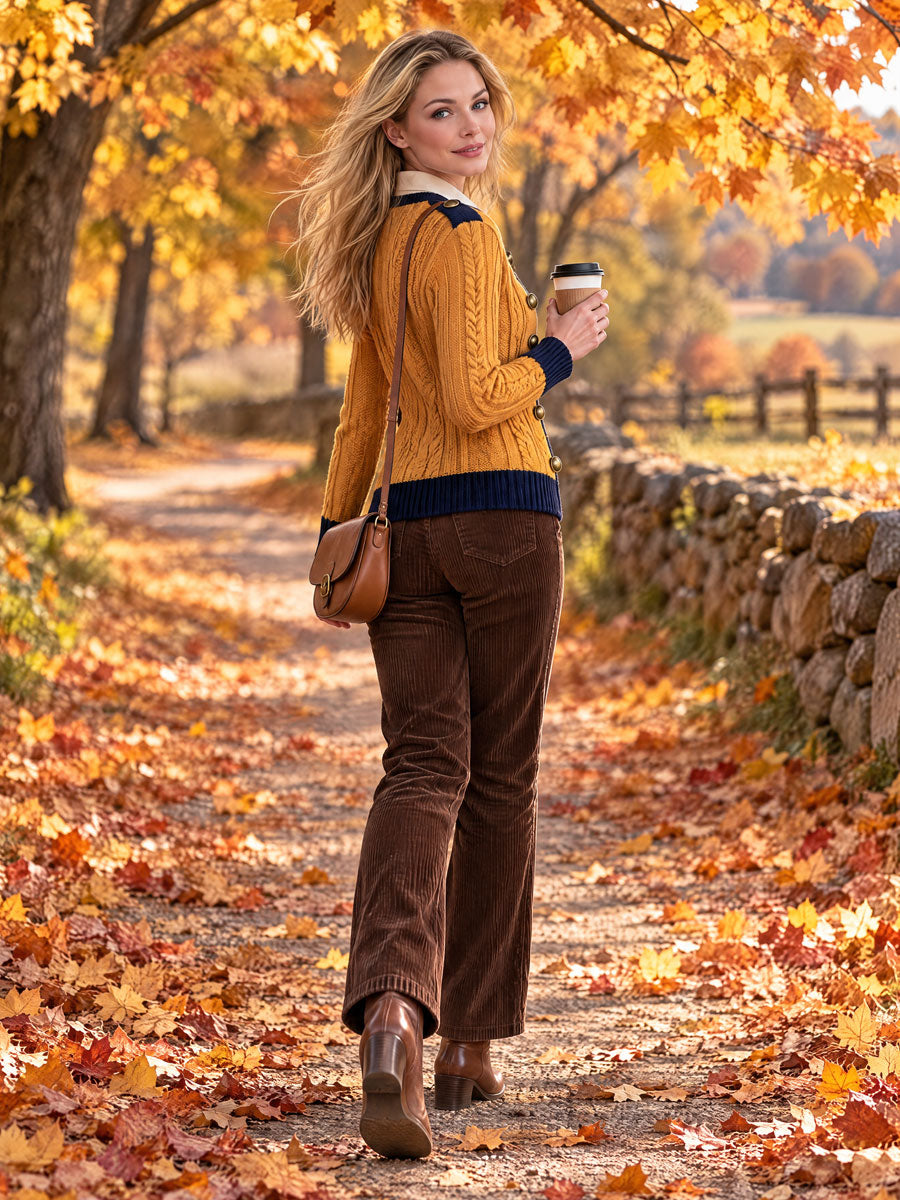 Retro Military Style Navy Blue Mustard Yellow Cable Knit Cardigan