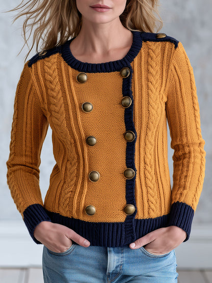 Retro Military Style Navy Blue Mustard Yellow Cable Knit Cardigan